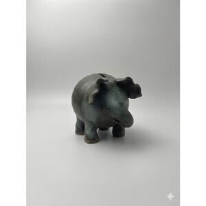 DAY Signed Studio Pottery Elephant Bank Metallic Gunmetal Glaze Vintage  Decor